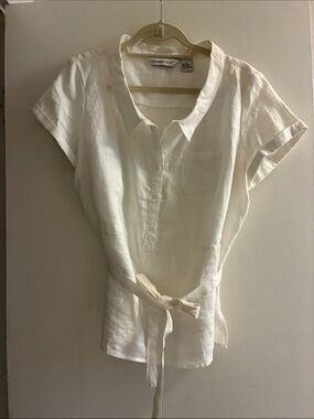 Mandarin Blue white Short-Sleeve Linen Button-Down with attached belt Tie Waist